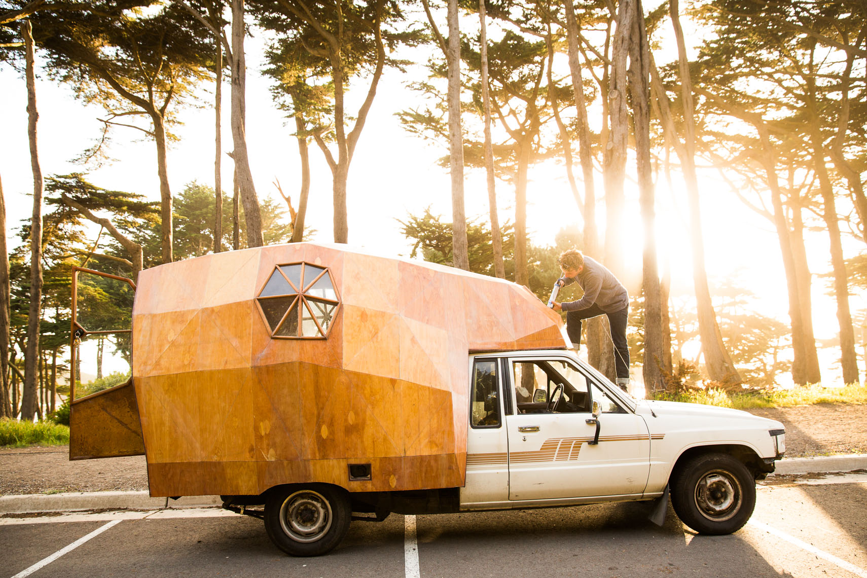 Artist Jay Nelson and his camper  in San Francisco, CA.