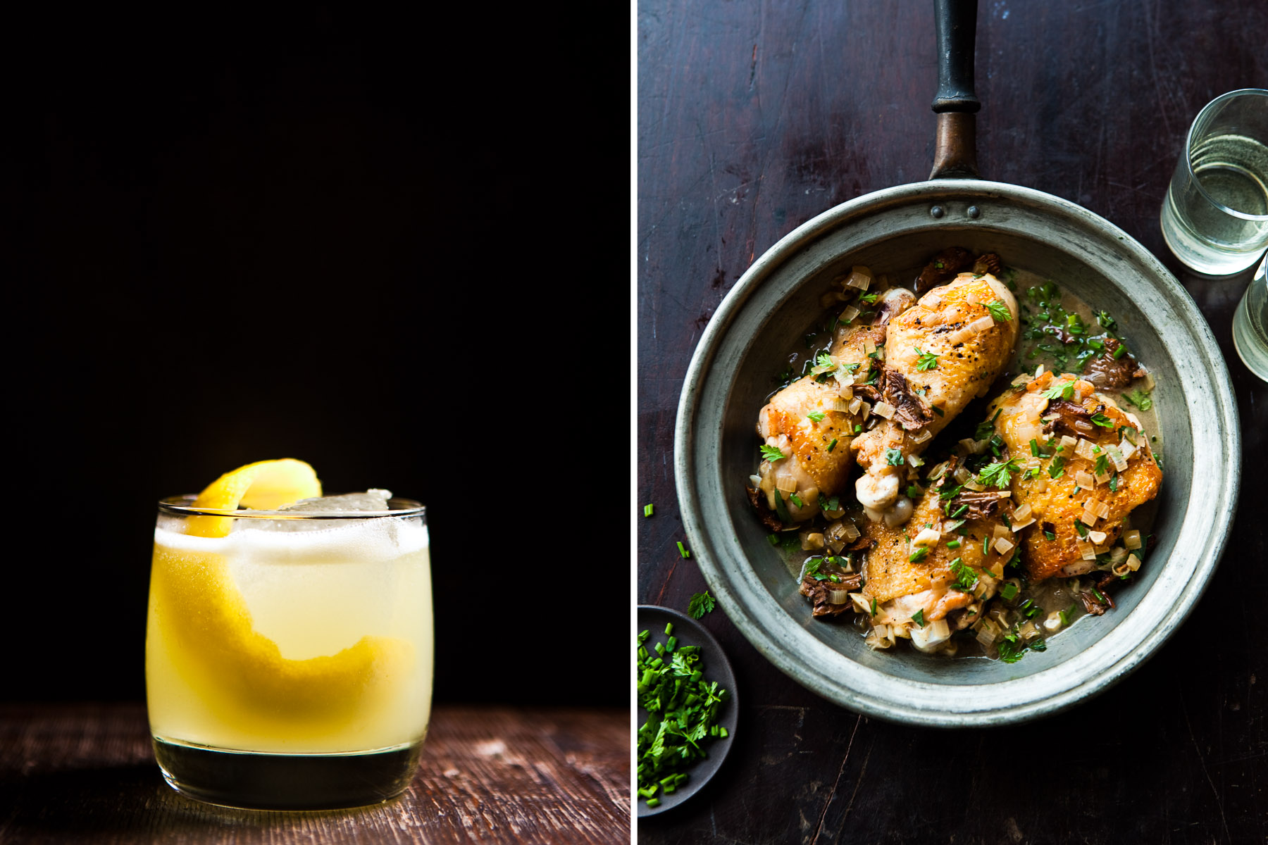 Cocktail and braised chicken. 